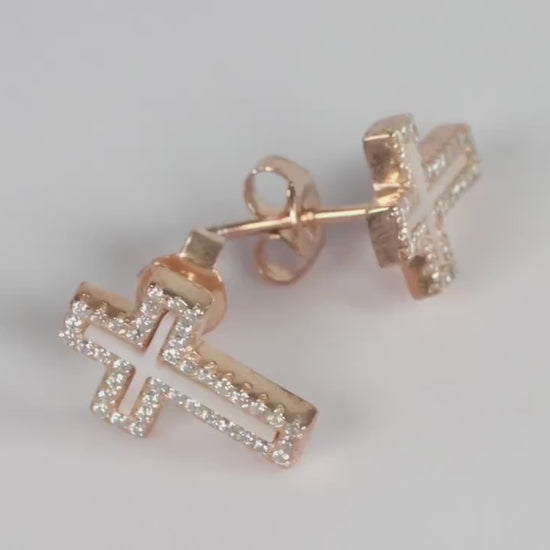 Silver Rose Gold Plated CZ and Mother of Pearl Cross Earring Studs