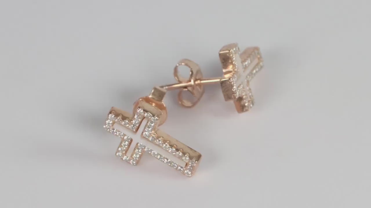 Silver Rose Gold Plated CZ and Mother of Pearl Cross Earring Studs
