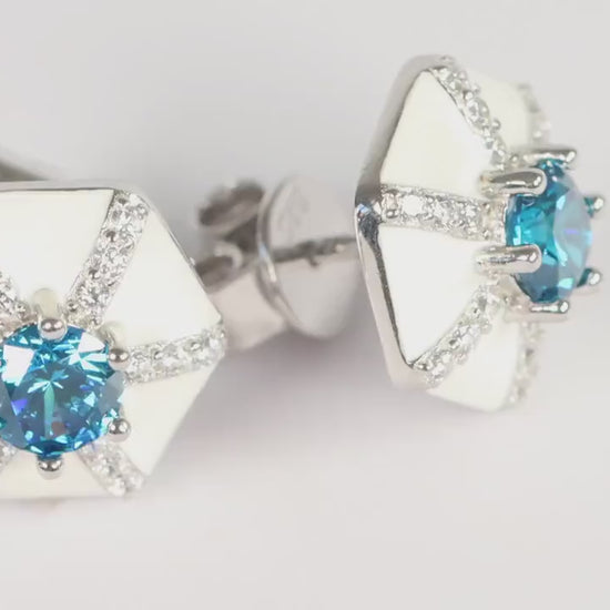 Sterling Silver 925 White Enamel Hexagonal Studs set with Blue and White CZs