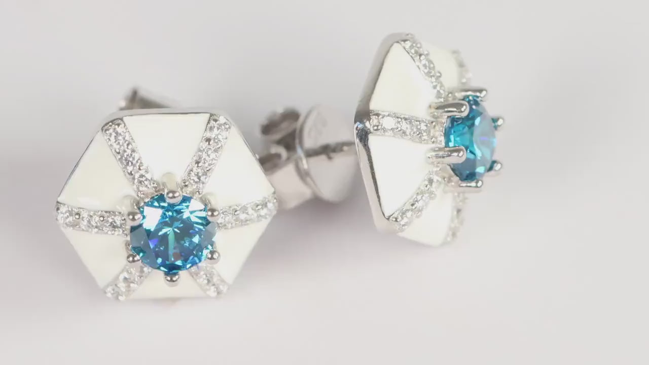Sterling Silver 925 White Enamel Hexagonal Studs set with Blue and White CZs