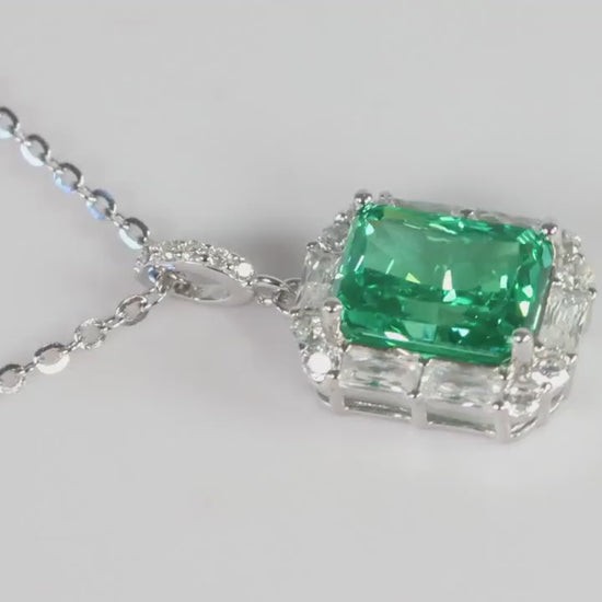 Green Emerald Cut CZ Pendant Necklace, Silver Sparkling Statement Jewellery, Gift for Her