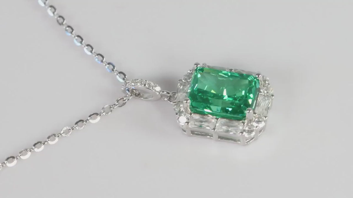 Green Emerald Cut CZ Pendant Necklace, Silver Sparkling Statement Jewellery, Gift for Her