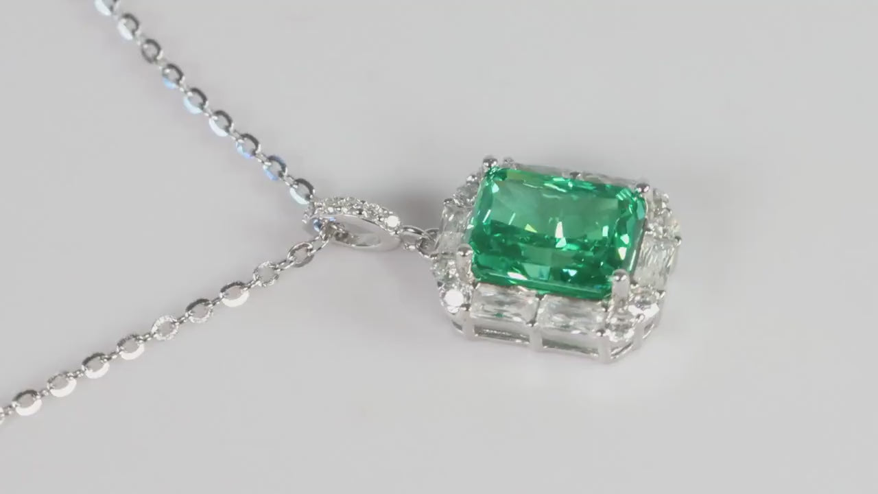 Green Emerald Cut CZ Pendant Necklace, Silver Sparkling Statement Jewellery, Gift for Her