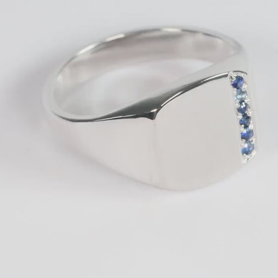 Silver Cushion Signet Ring set with Blue Sapphire Gemstones