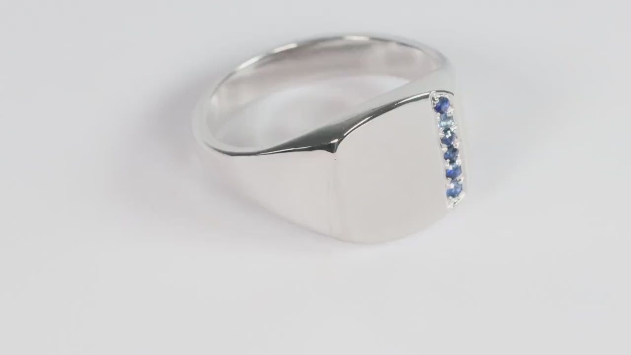 Silver Cushion Signet Ring set with Blue Sapphire Gemstones