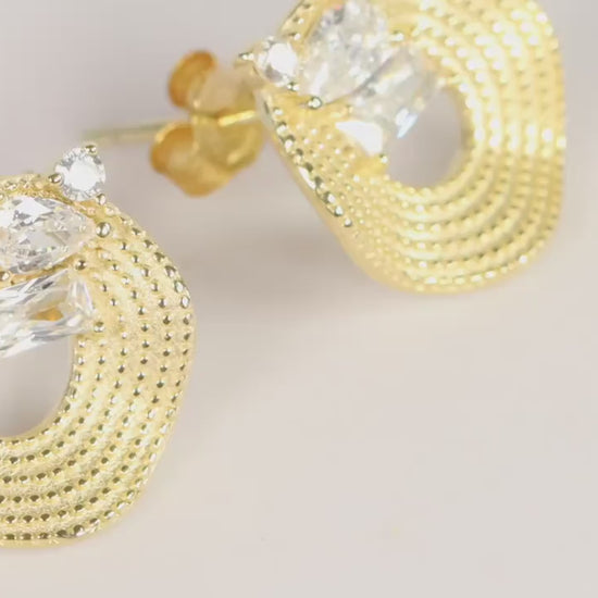 Sterling Silver 925 Gold Plated Textured Open Circle CZ set Stud Earrings