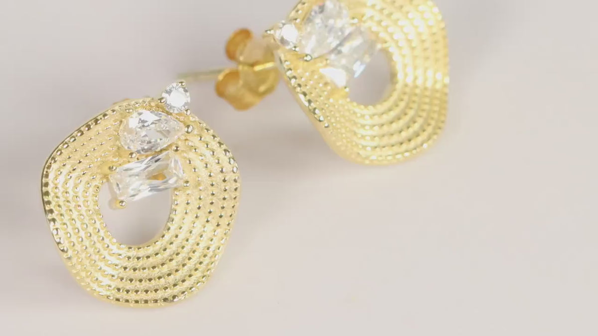 Sterling Silver 925 Gold Plated Textured Open Circle CZ set Stud Earrings