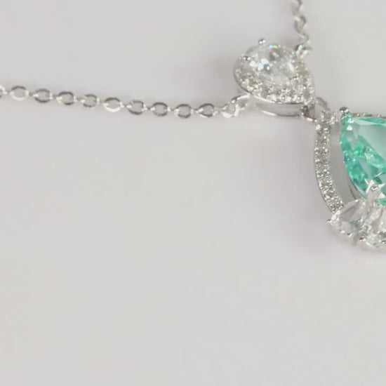 Mint Green Pear Cut CZ Pendant Silver Necklace, Sparkling Statement Jewellery
