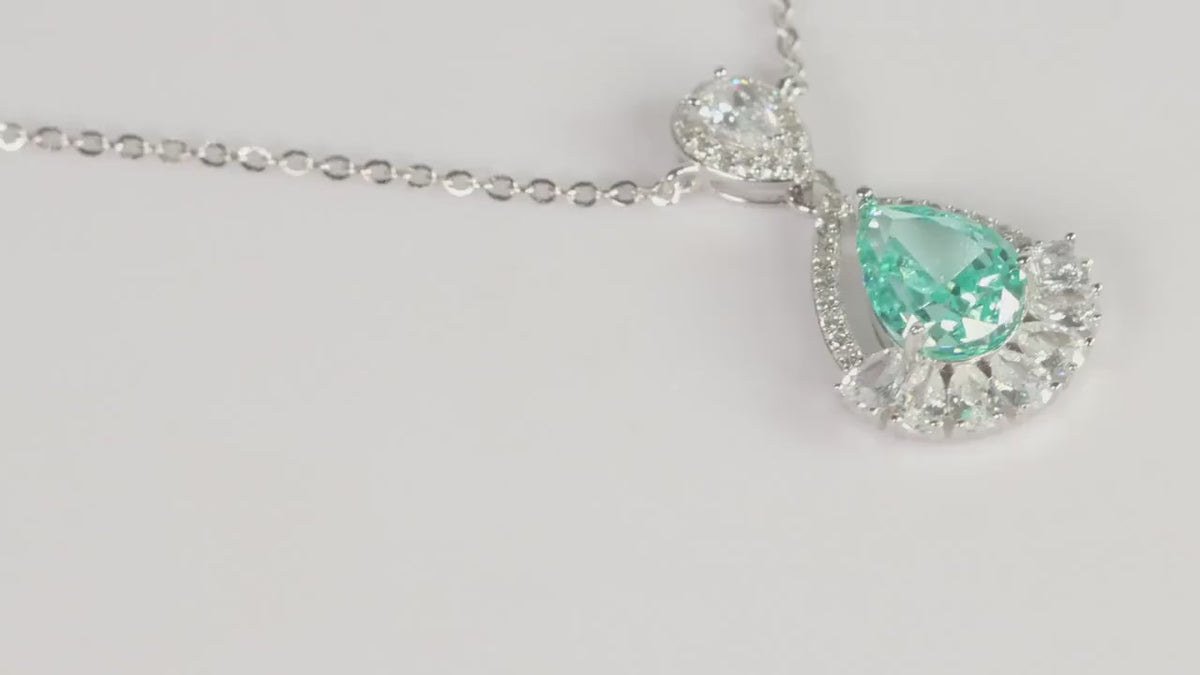 Mint Green Pear Cut CZ Pendant Silver Necklace, Sparkling Statement Jewellery