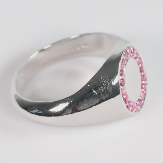 Silver Oval Signet Ring set with Pink Red Ruby Gemstones