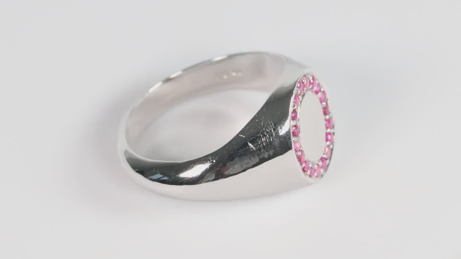 Silver Oval Signet Ring set with Pink Red Ruby Gemstones