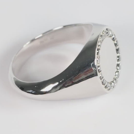 Silver Round Signet Ring set with Black Diamonds