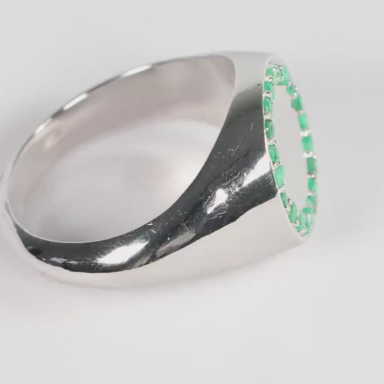 Silver Round Signet Ring set with Green Emerald Gemstones