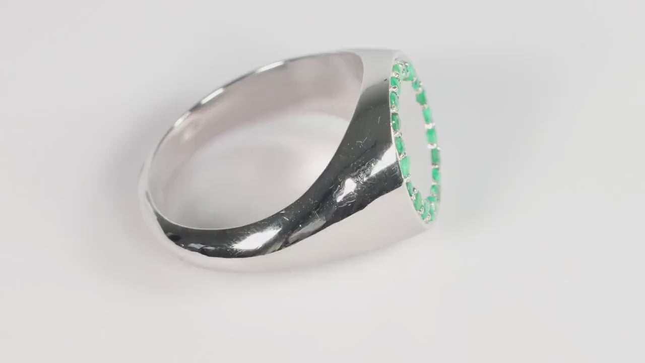 Silver Round Signet Ring set with Green Emerald Gemstones