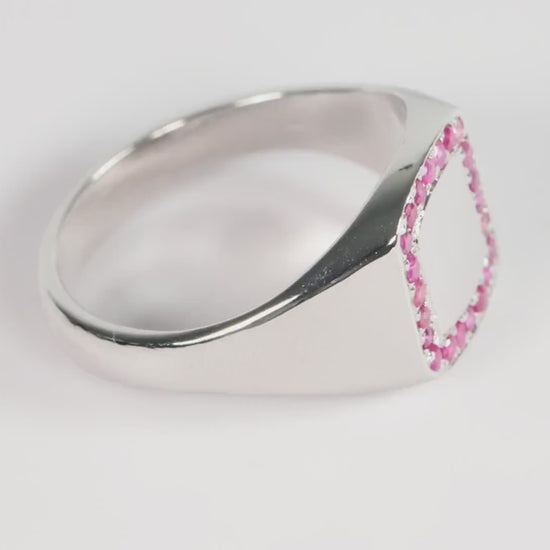 Silver Cushion Signet Ring set with Red Ruby Gemstones