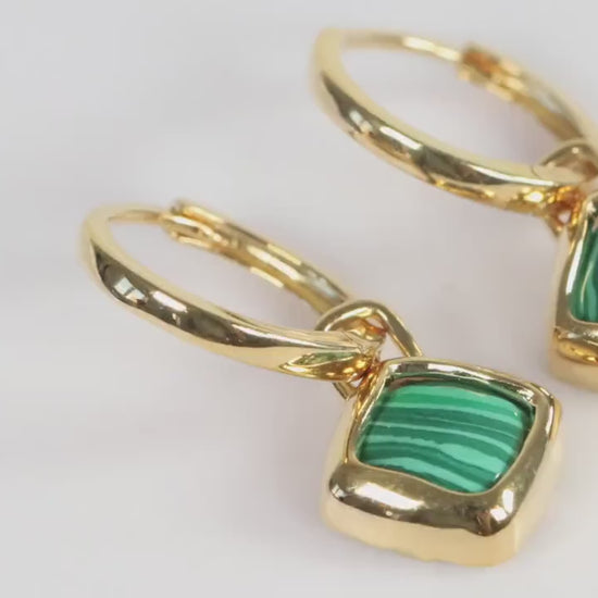 Sterling Silver 925 Gold Plated Hoops with Green Square Malachite Dropper