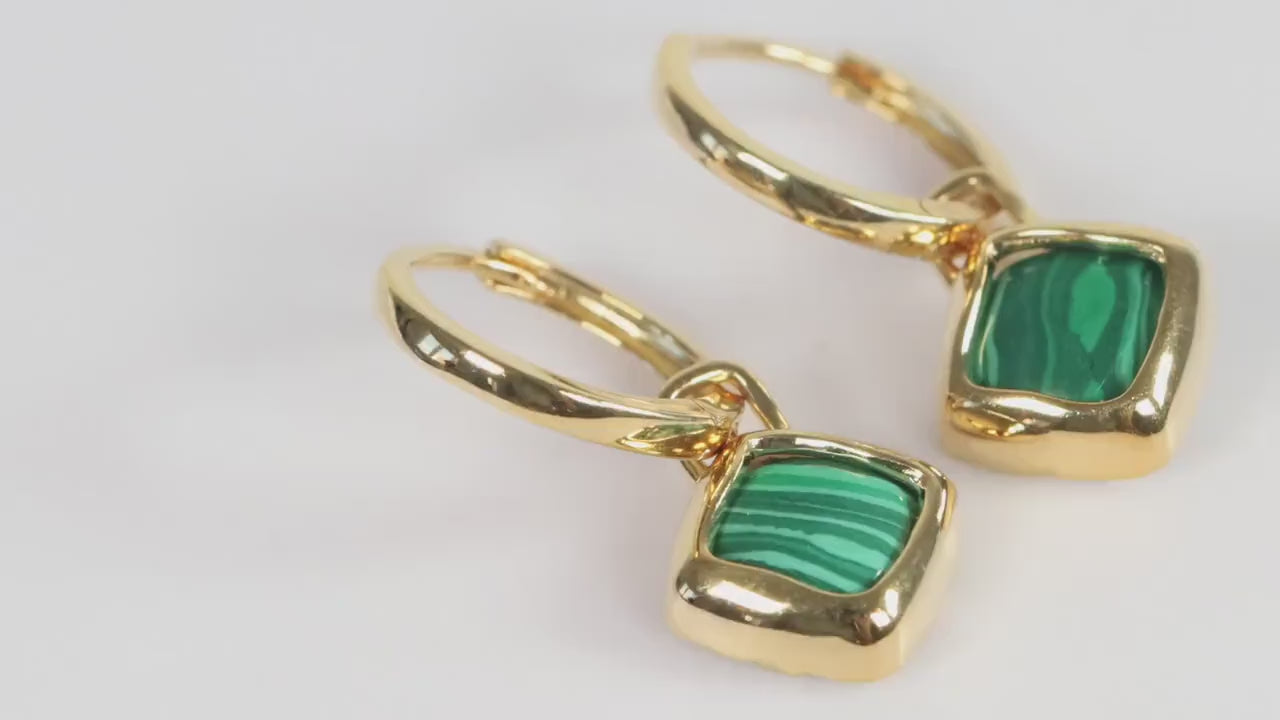 Sterling Silver 925 Gold Plated Hoops with Green Square Malachite Dropper
