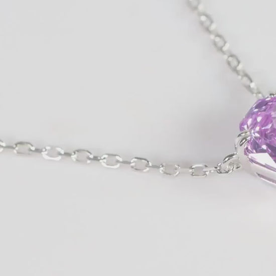 Lilac Cushion Cut CZ Necklace, Silver Solitaire Rose Pendant, Gift for Her