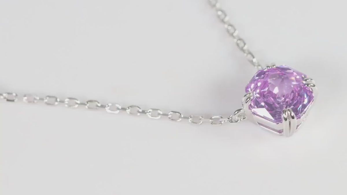 Lilac Cushion Cut CZ Necklace, Silver Solitaire Rose Pendant, Gift for Her