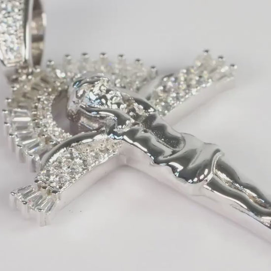 Sterling Silver 925 Heavy CZ set Sunset Cross Crucifix Pendant Necklace