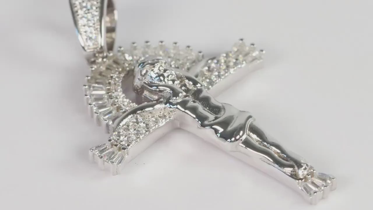 Sterling Silver 925 Heavy CZ set Sunset Cross Crucifix Pendant Necklace