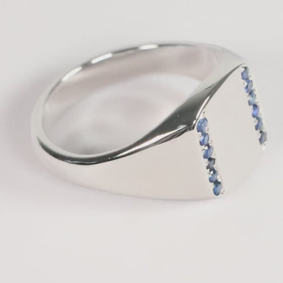 Silver Cushion Signet Ring set with Blue Sapphire Gemstones