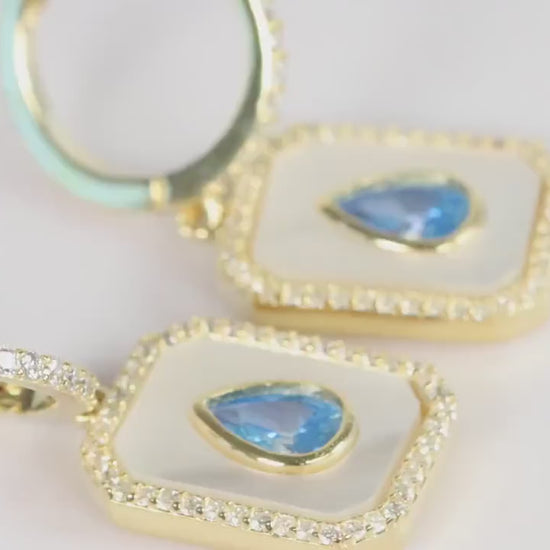 Sterling Silver 925 Gold Plated Rectangular Mother of Pearl and Blue Teardrop CZ