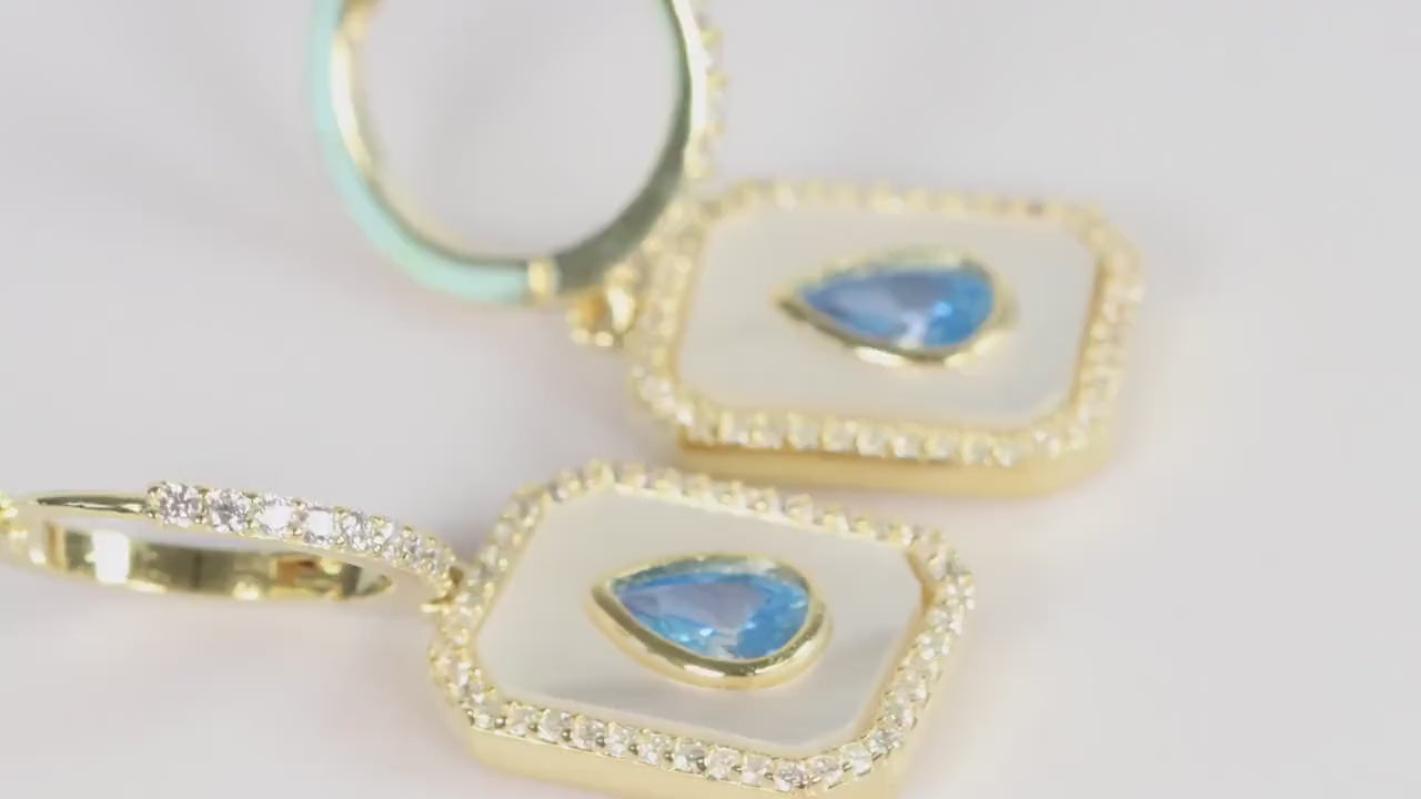 Sterling Silver 925 Gold Plated Rectangular Mother of Pearl and Blue Teardrop CZ